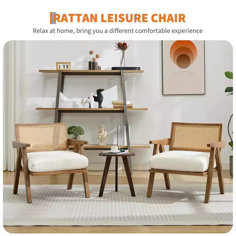 Fauteuil d'appoint en bois et rotin avec coussin en lin, H 75 x L 69 x P 68 cm