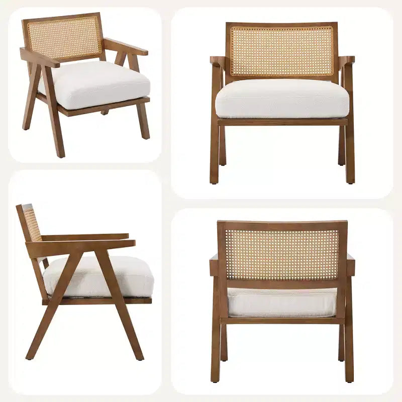 Fauteuil d'appoint en bois et rotin avec coussin en lin, H 75 x L 69 x P 68 cm