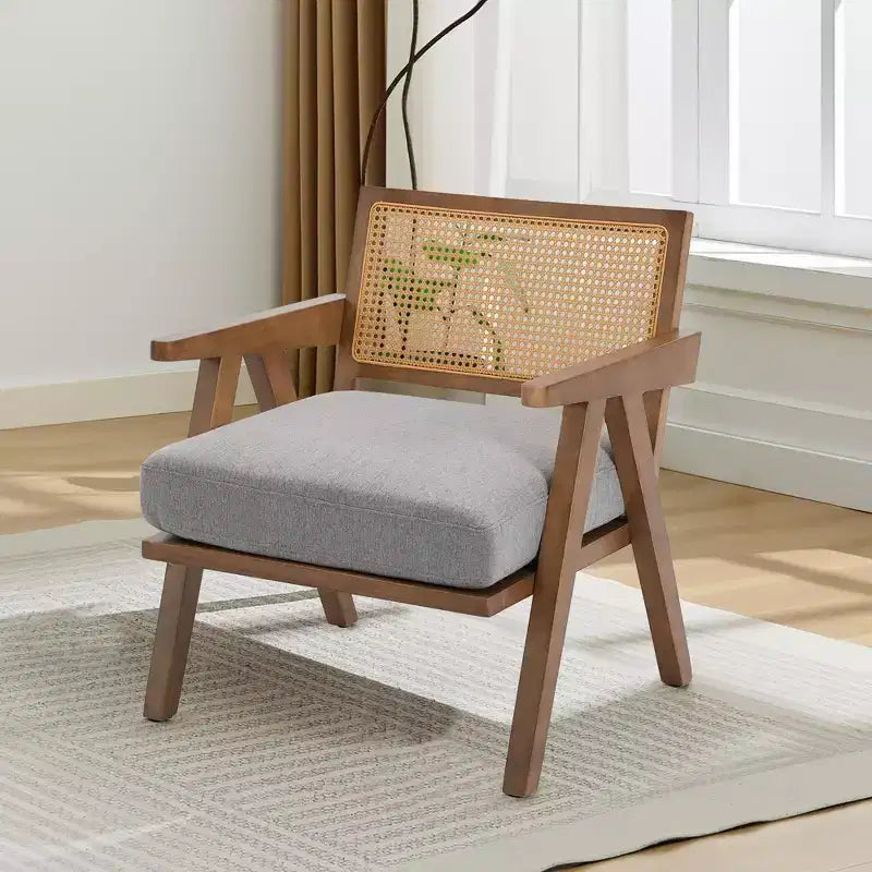 Fauteuil d'appoint en bois et rotin avec coussin en lin, H 75 x L 69 x P 68 cm