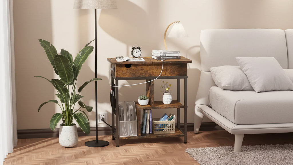 End Table with Storage Shelf, Storage Bag, USB Ports and Outlets for Bedroom Small Spaces