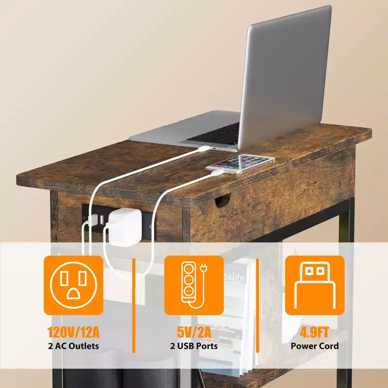 Bout de canapé métal et pierre avec ports USB et prises électriques