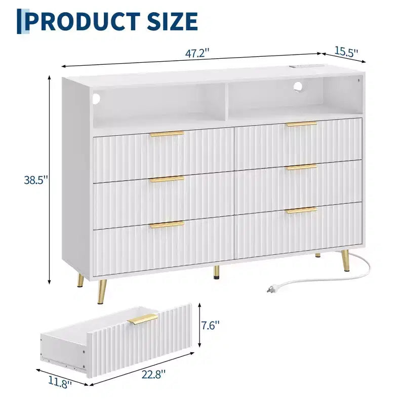 Commode 6 tiroirs en MDF avec lumières LED et station de charge, 120 cm (L) x 39,5 cm (P) x 98 cm (H)