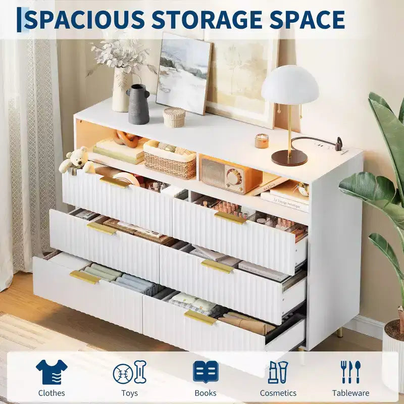 Commode 6 tiroirs en MDF avec lumières LED et station de charge, 120 cm (L) x 39,5 cm (P) x 98 cm (H)