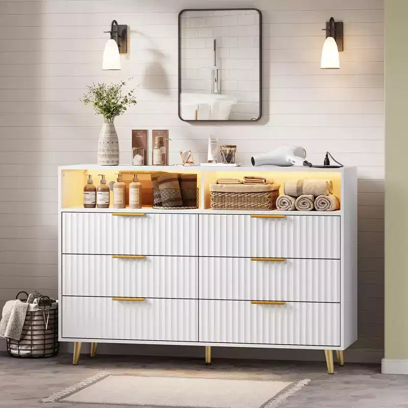 Commode 6 tiroirs en MDF avec lumières LED et station de charge, 120 cm (L) x 39,5 cm (P) x 98 cm (H)