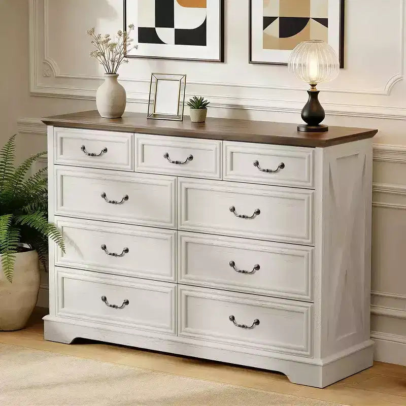 Commode en bois à 9 tiroirs avec plateau en bois et poignées en métal, 91,4 cm H x 132 cm L x 40 cm P