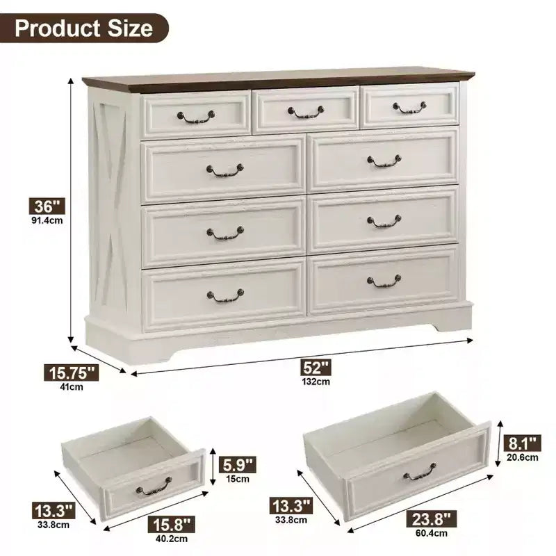 Commode en bois à 9 tiroirs avec plateau en bois et poignées en métal, 91,4 cm H x 132 cm L x 40 cm P