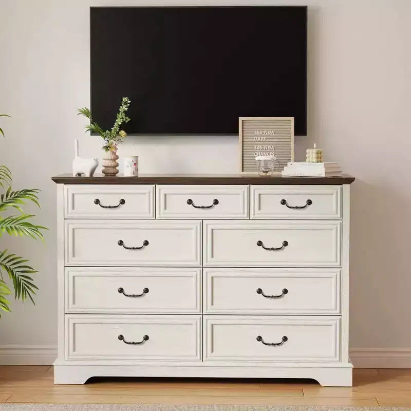 Commode en bois à 9 tiroirs avec plateau en bois et poignées en métal, 91,4 cm H x 132 cm L x 40 cm P
