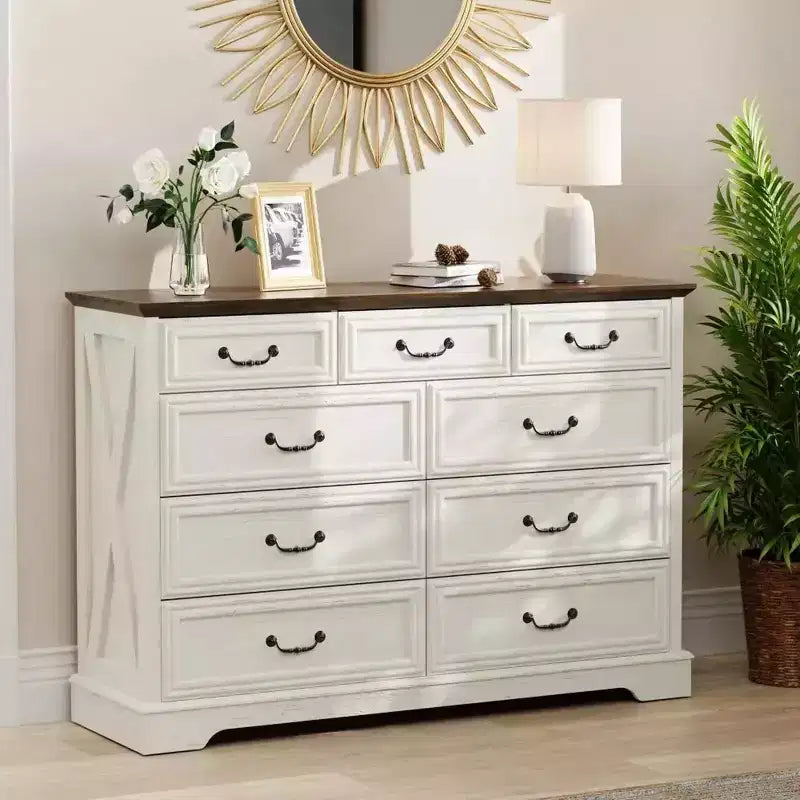 Commode en bois à 9 tiroirs avec plateau en bois et poignées en métal, 91,4 cm H x 132 cm L x 40 cm P
