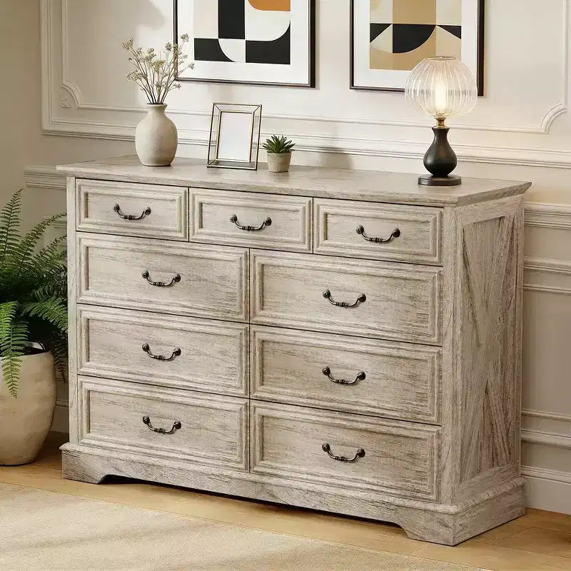 Commode en bois à 9 tiroirs avec plateau en bois et poignées en métal, 91,4 cm H x 132 cm L x 40 cm P