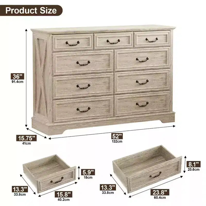 Commode en bois à 9 tiroirs avec plateau en bois et poignées en métal, 91,4 cm H x 132 cm L x 40 cm P