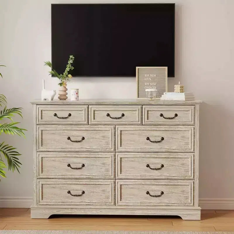 Commode en bois à 9 tiroirs avec plateau en bois et poignées en métal, 91,4 cm H x 132 cm L x 40 cm P