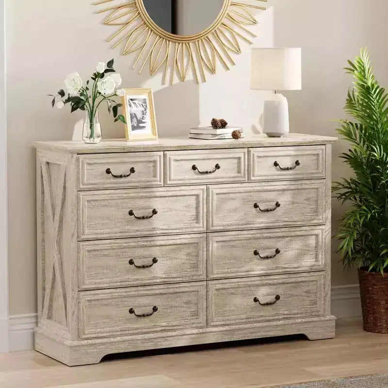 Commode en bois à 9 tiroirs avec plateau en bois et poignées en métal, 91,4 cm H x 132 cm L x 40 cm P