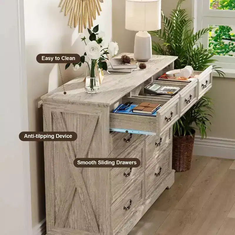 Commode en bois à 9 tiroirs avec plateau en bois et poignées en métal, 91,4 cm H x 132 cm L x 40 cm P