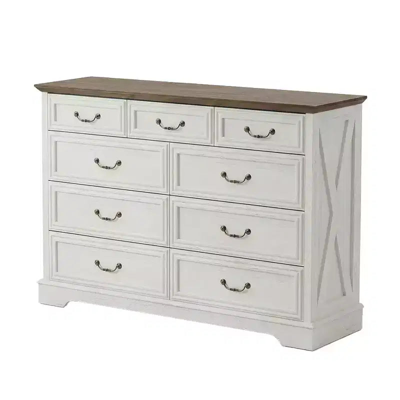Commode en bois à 9 tiroirs avec plateau en bois et poignées en métal, 91,4 cm H x 132 cm L x 40 cm P