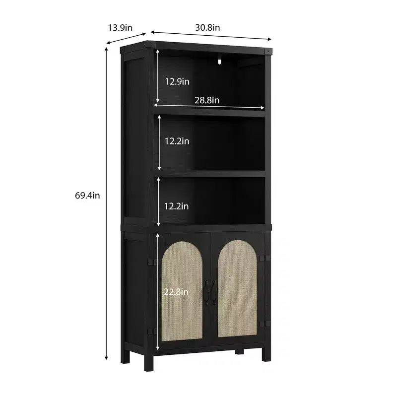 Étagère à livres à 3 niveaux en MDF avec porte d'armoire en rotin, 176,3 cm H x 78,2 cm l x 35,3 cm P, lot de 2