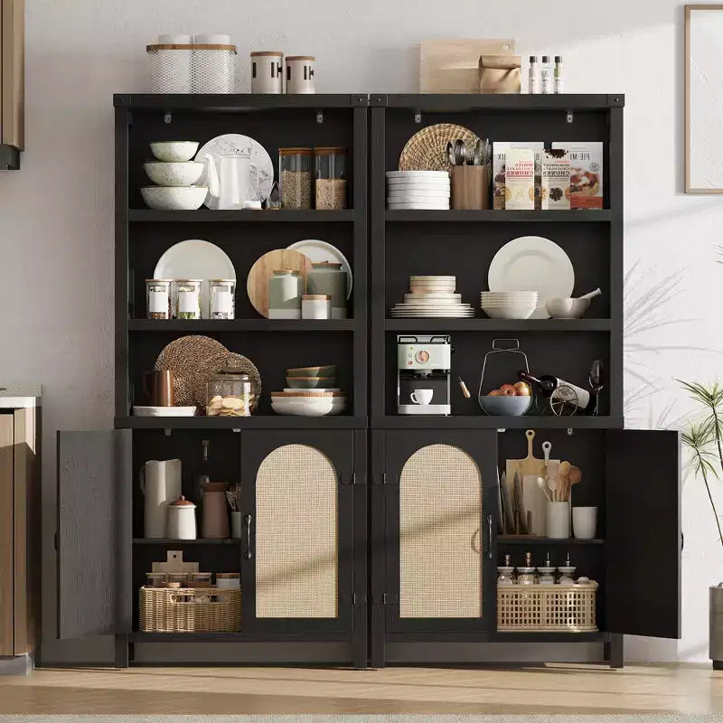 Étagère à livres à 3 niveaux en MDF avec porte d'armoire en rotin, 176,3 cm H x 78,2 cm l x 35,3 cm P, lot de 2