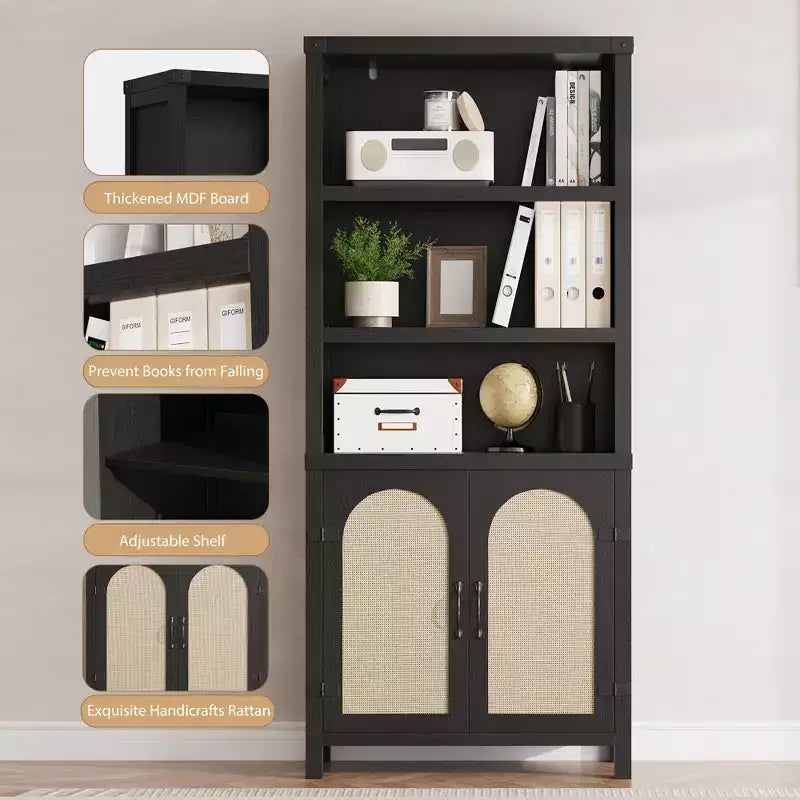 Étagère à livres à 3 niveaux en MDF avec porte d'armoire en rotin, 176,3 cm H x 78,2 cm l x 35,3 cm P, lot de 2