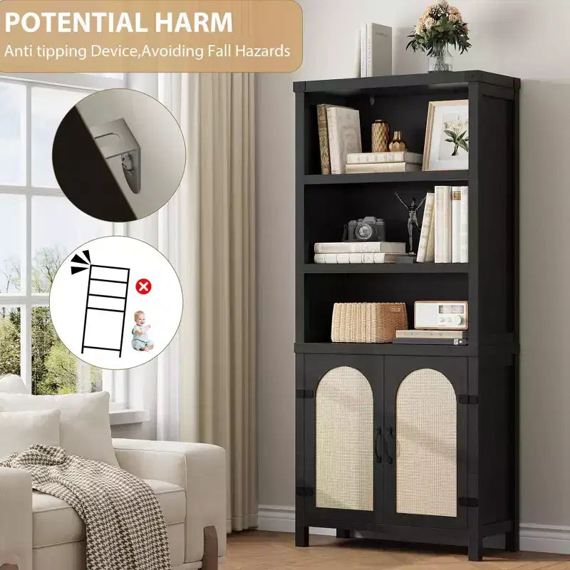Étagère à livres à 3 niveaux en MDF avec porte d'armoire en rotin, 176,3 cm H x 78,2 cm l x 35,3 cm P, lot de 2