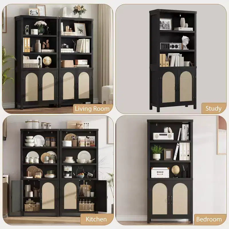 Étagère à livres à 3 niveaux en MDF avec porte d'armoire en rotin, 176,3 cm H x 78,2 cm l x 35,3 cm P, lot de 2