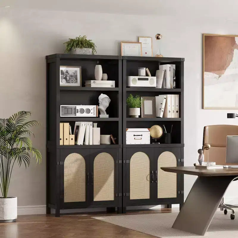 Étagère à livres à 3 niveaux en MDF avec porte d'armoire en rotin, 176,3 cm H x 78,2 cm l x 35,3 cm P, lot de 2