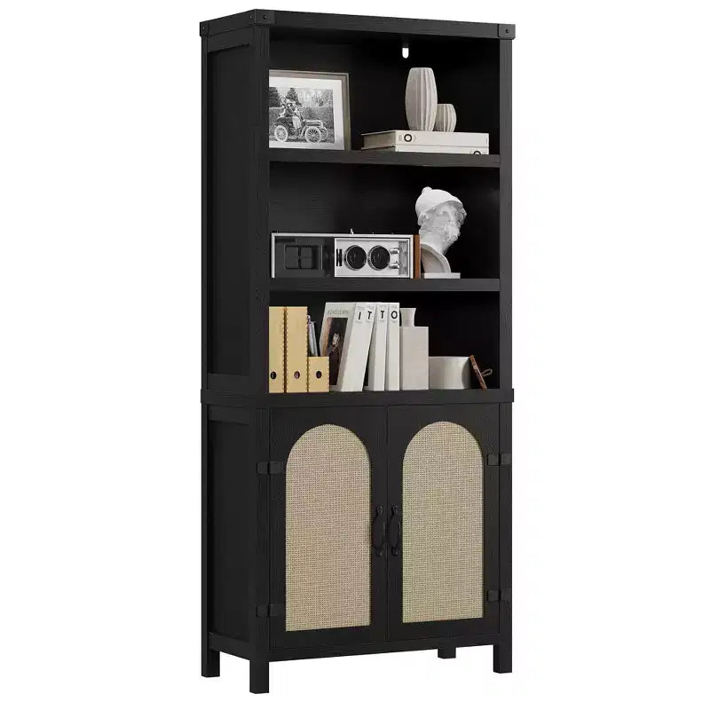 Étagère à livres à 3 niveaux en MDF avec porte d'armoire en rotin, 176,3 cm H x 78,2 cm l x 35,3 cm P, lot de 2