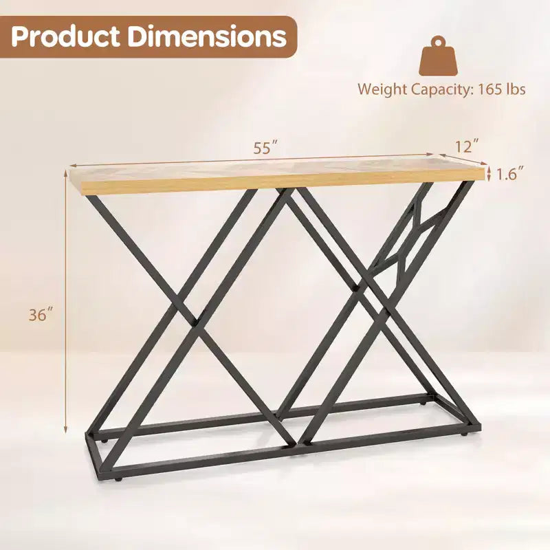 Console en métal et MDF avec cadre en X, 55"P x 12"L x 36"H