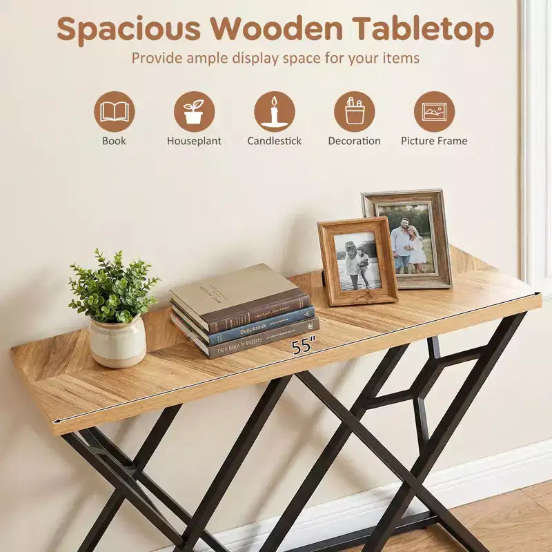 Console en métal et MDF avec cadre en X, 55"P x 12"L x 36"H