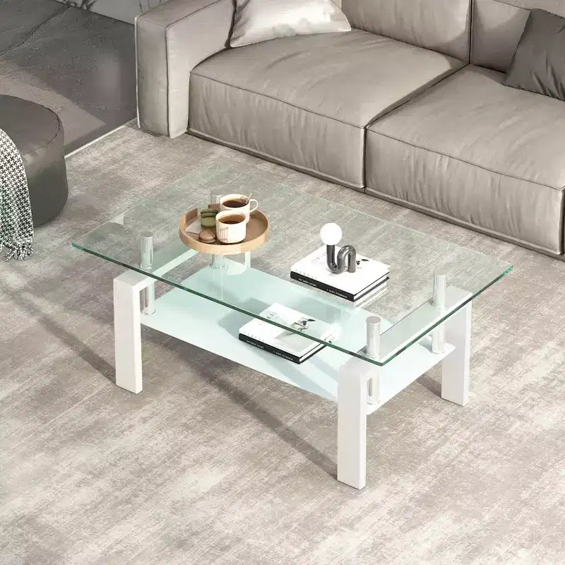 Table basse en verre trempé, 2 niveaux, H 44 cm x P 100 cm x L 60 cm