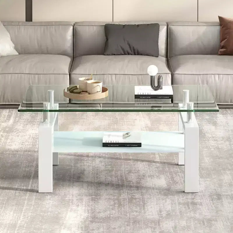 Table basse en verre trempé, 2 niveaux, H 44 cm x P 100 cm x L 60 cm