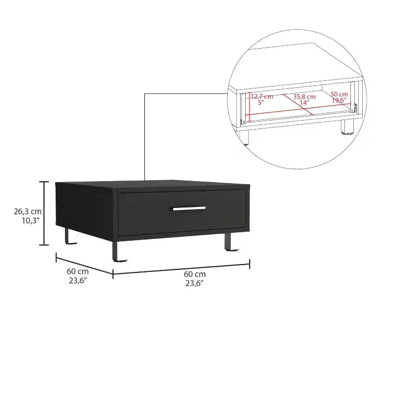 Table basse en panneau de particules avec tiroir, 4 pieds, 26,1 cm (H) x 59,9 cm (L) x 59,9 cm (P)