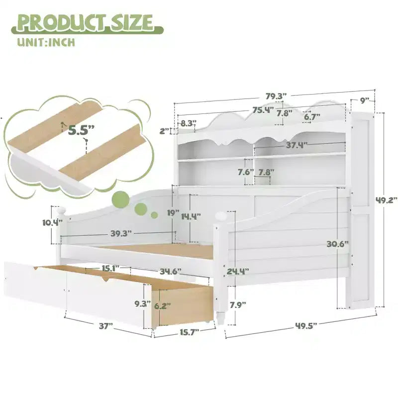 Lit de repos jumeau en bois avec tiroirs de rangement et étagères de tête de lit, 49,2"H x 49,5"L x 79,3"P