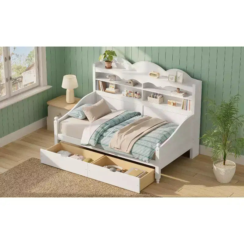 Lit de repos jumeau en bois avec tiroirs de rangement et étagères de tête de lit, 49,2"H x 49,5"L x 79,3"P