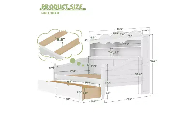 Lit de repos jumeau en bois avec tiroirs de rangement et étagères de tête de lit, 49,2"H x 49,5"L x 79,3"P