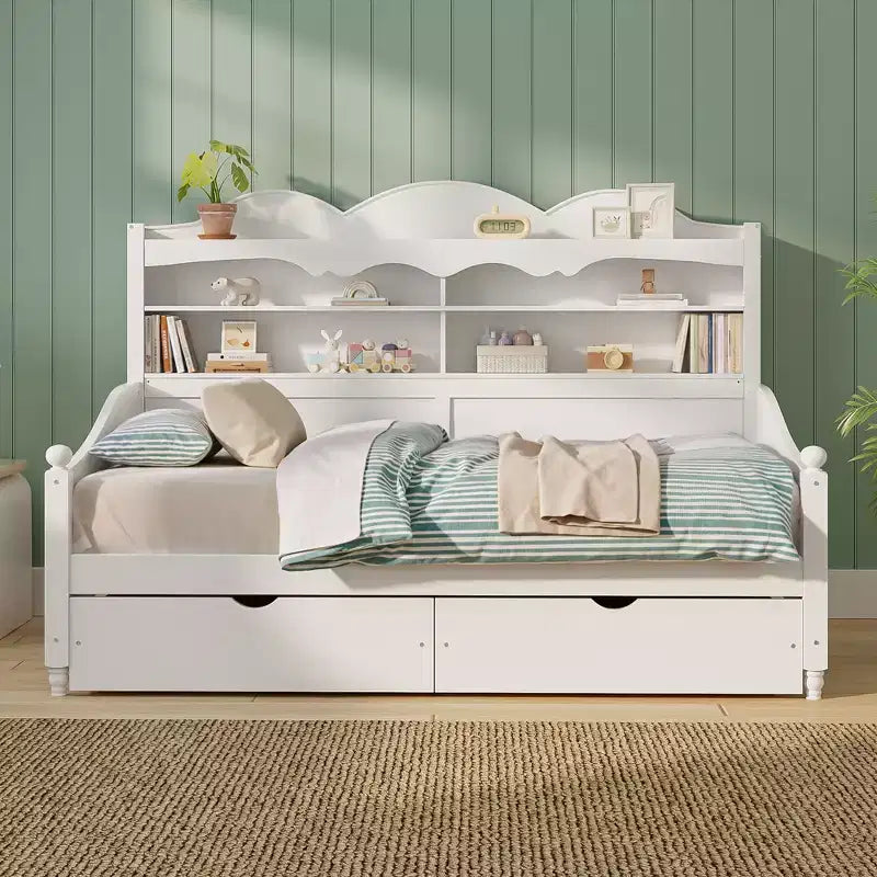 Lit de repos jumeau en bois avec tiroirs de rangement et étagères de tête de lit, 49,2"H x 49,5"L x 79,3"P