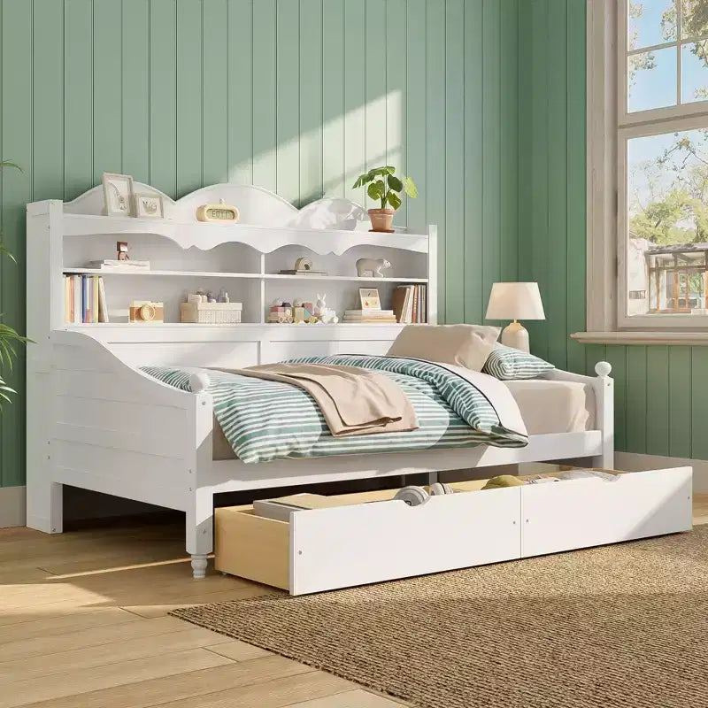 Lit de repos jumeau en bois avec tiroirs de rangement et étagères de tête de lit, 49,2"H x 49,5"L x 79,3"P