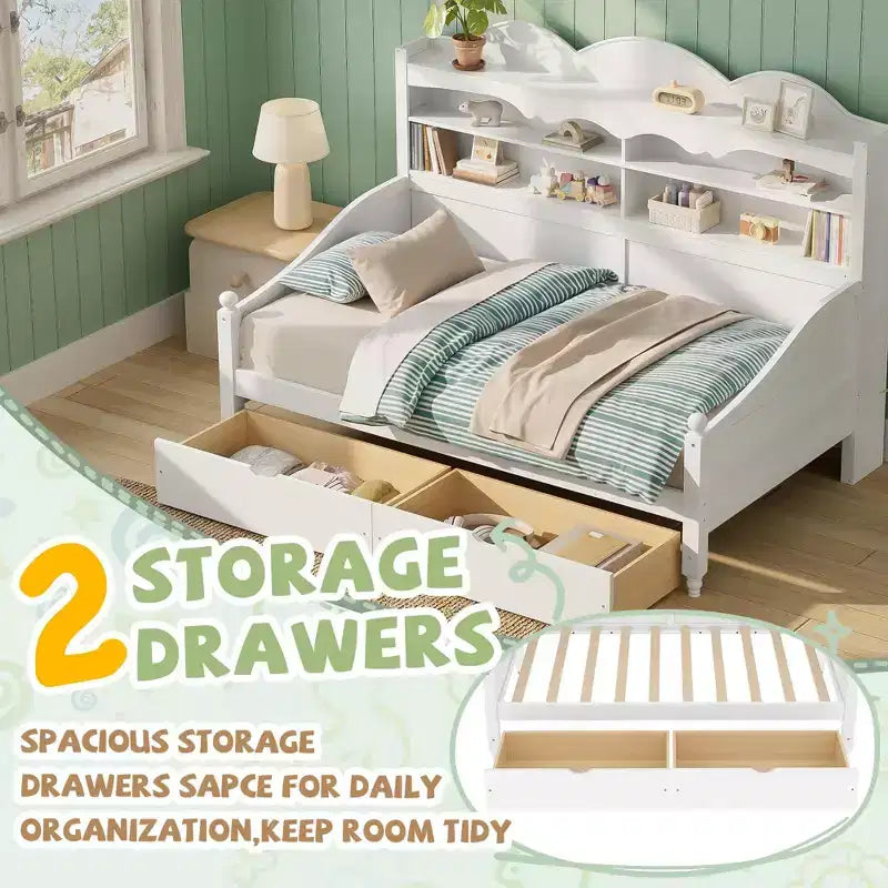 Lit de repos jumeau en bois avec tiroirs de rangement et étagères de tête de lit, 49,2"H x 49,5"L x 79,3"P