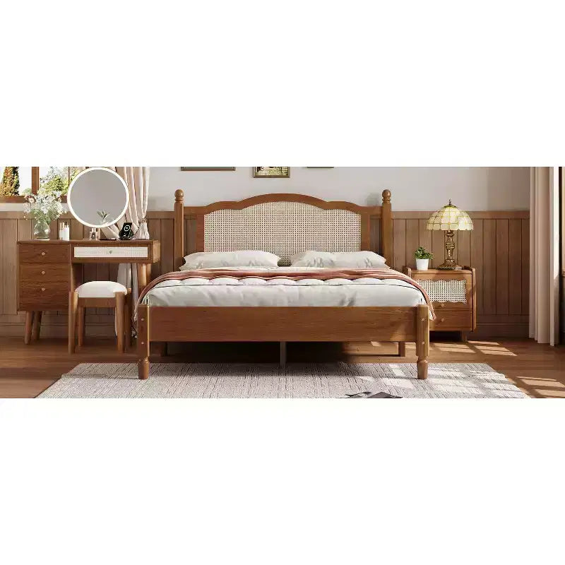 Lit plateforme en bois et rotin, Queen 109 cm (H) x 159,5 cm (L) x 203 cm (P)