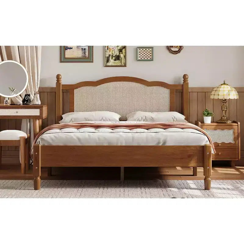 Lit plateforme en bois et rotin, Queen 109 cm (H) x 159,5 cm (L) x 203 cm (P)