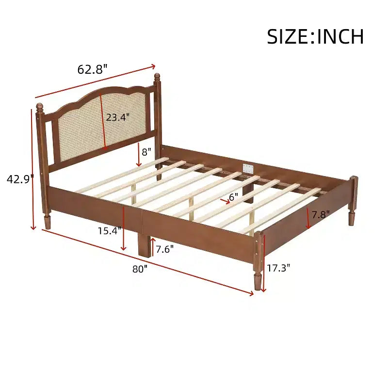 Lit plateforme en bois et rotin, Queen 109 cm (H) x 159,5 cm (L) x 203 cm (P)