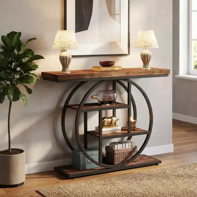 Table d'appoint ronde à 4 niveaux en acier et bois, 31,5"H x 41,34"L x 11,81"P
