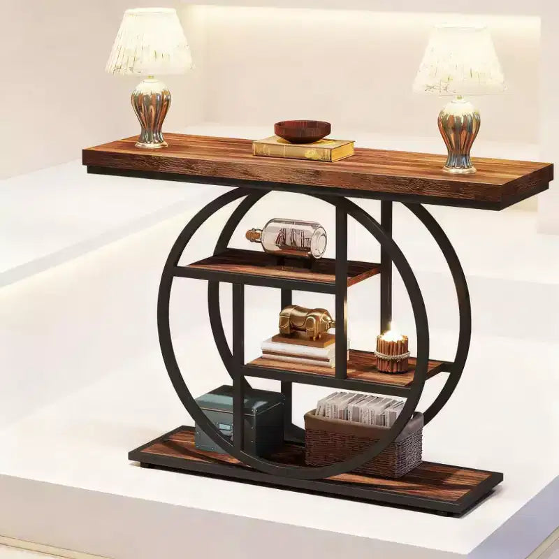 Table d'appoint ronde à 4 niveaux en acier et bois, 31,5"H x 41,34"L x 11,81"P