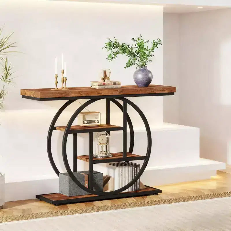 Table d'appoint ronde à 4 niveaux en acier et bois, 31,5"H x 41,34"L x 11,81"P