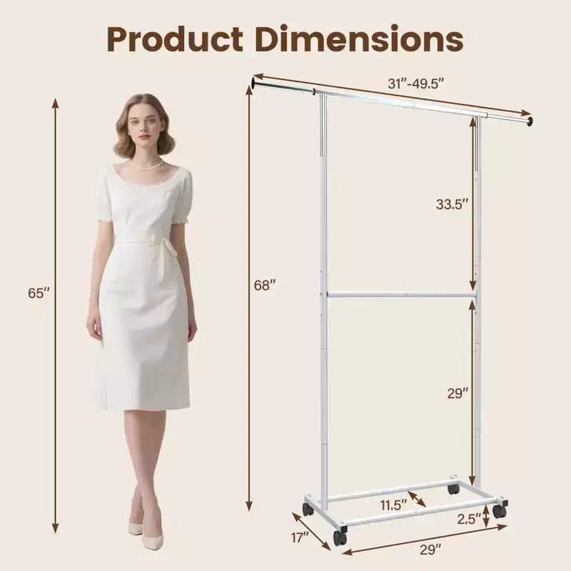Portant à vêtements extensible en métal avec roulettes, 190,5 cm (L) x 54,6 cm (l) x 162,6 cm (H)