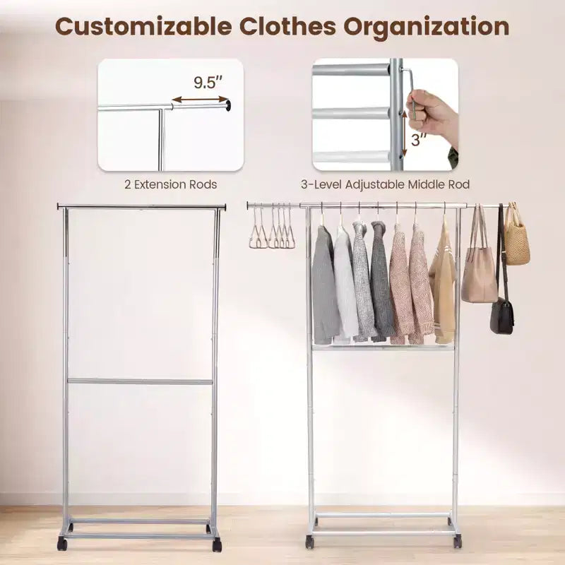 Portant à vêtements extensible en métal avec roulettes, 190,5 cm (L) x 54,6 cm (l) x 162,6 cm (H)