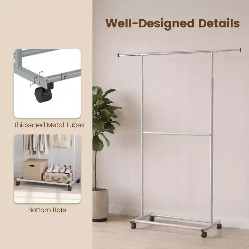 Portant à vêtements extensible en métal avec roulettes, 190,5 cm (L) x 54,6 cm (l) x 162,6 cm (H)