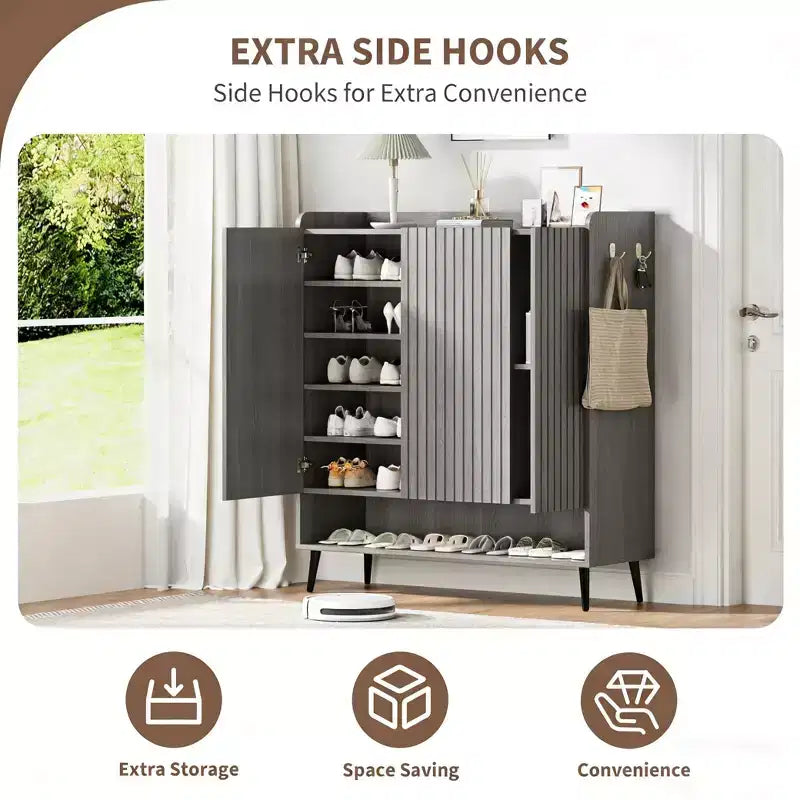 Meuble à chaussures 6 niveaux en MDF avec 3 portes et étagères réglables, 100 cm (L) x 110 cm (H) x 37 cm (P)