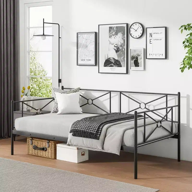 Cadre de lit de repos double en métal avec lattes, 79"L x 41"l x 34"H, capacité de 150 kg
