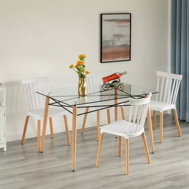 Table d'appoint rectangulaire Fabulaxe en verre transparent avec 4 pieds en bois massif et cadre en hêtre | Petite table basse de loisirs moderne et peu encombrante