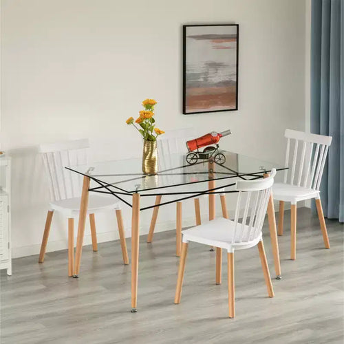 Table d'appoint rectangulaire Fabulaxe en verre transparent avec 4 pieds en bois massif et cadre en hêtre | Petite table basse de loisirs moderne et peu encombrante