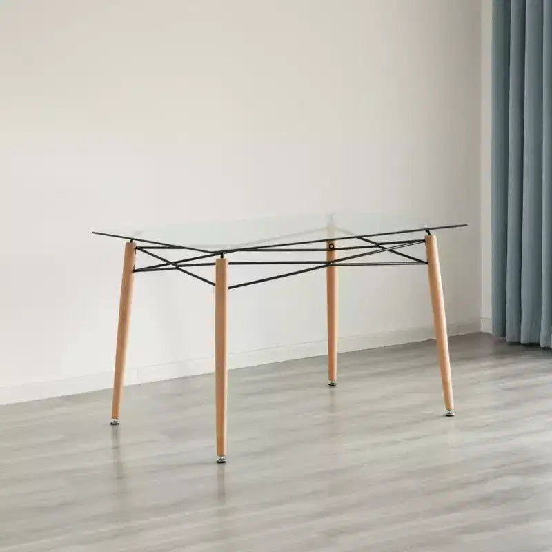 Table d'appoint rectangulaire Fabulaxe en verre transparent avec 4 pieds en bois massif et cadre en hêtre | Petite table basse de loisirs moderne et peu encombrante